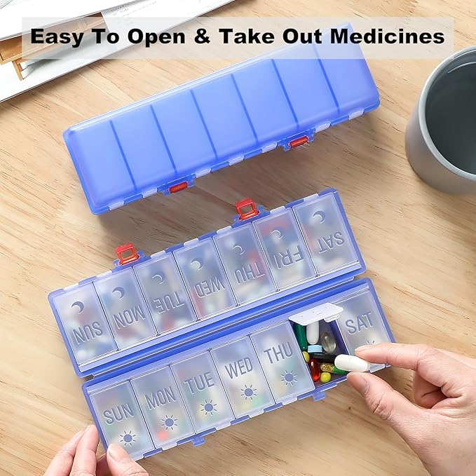 Foldable Pill Organizer 2 Times a Day w/Etched Labels -Dual Protection & Portable Weekly AM PM Pill Box, 7 Day Medicine Container, Large Travel Pill Case for Week Daily Supplement Vitamin -Clear Blue