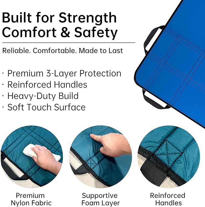 Upgraded 3-Layer Comfort Positioning Bed Pad with Handles Washable Waterproof Transfer Board for Turning Moving Patient Inconvenience Care Transfer Sheet, 48" x 40", Large, Lake Blue