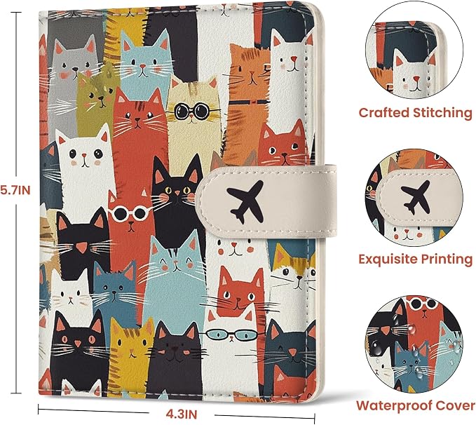 Passport Holder for Travel Essentials, RFID Blocking Leather Cover Wallet with Magnetic Closure, Aesthetic & Cute Passport Book Case for Women and Men - Cat