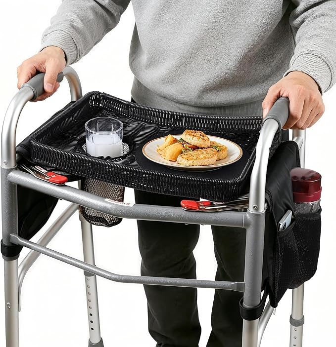 Handwoven Rattan Walker Tray for Folding Walker, Tray for Walker for Seniors Detachable with Cup Holder,Walker Accessories for Elderly,Tray Table Fits Most Standard Walkers (Black)