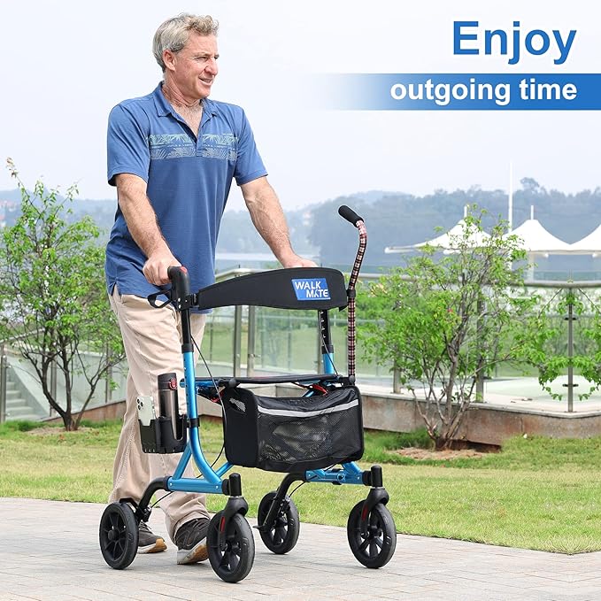 WALK MATE Rollator Walker for Seniors with Cup Holder, Upgraded Thumb Press Button for Height Adjustment, 4 x 8 Wheels Walker with Seat Padded Backrest Folding Lightweight Walking Aid, Blue