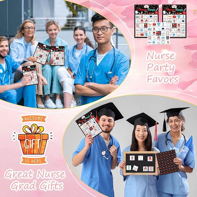 Shappy 35 Pcs Nurse Bingo Game 24 Players Nurse Graduation Party Bingo Game Cards RN Graduation Party Favor Supplies for Holiday Outdoor Indoor Grad Birthday Favors Gifts