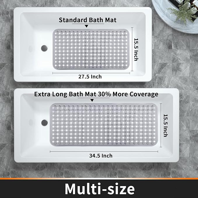 Yimobra Non Slip Bath Mat, Super Strong Suction Cups,34.5"x15.5"Long Tub Mat with Drain Holes, Machine Washable Fast Draining Shower Mats, Bathroom Essentials,Clear Gray