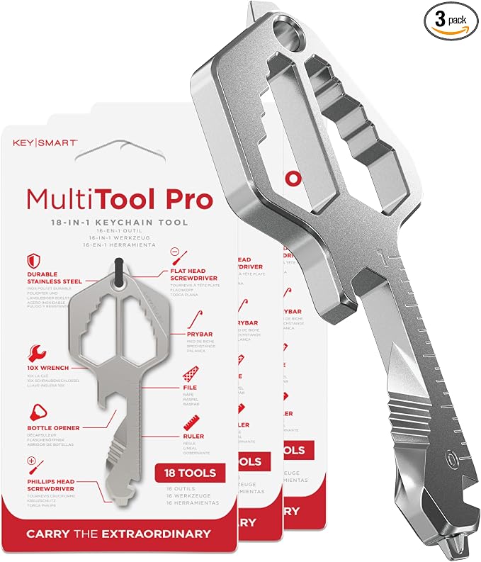 KeySmart Multitool Pro - 18-in-1 Multifunction Key Shaped Tool Pocket Multi-Tool Key Chain Bottle Opener Keychain, Key Multitool Keychain for Men Gift, EDC Gear Keychain, Stainless Steel, 3 Pack