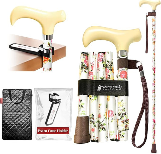 [Combo] Merry Sticks Lightweight Foldable Walking Canes for Women and Men, Adjustable & Collapsible Walking Stick for Seniors, Includes A Cane Bag & A Smart Reflective Cane Holder