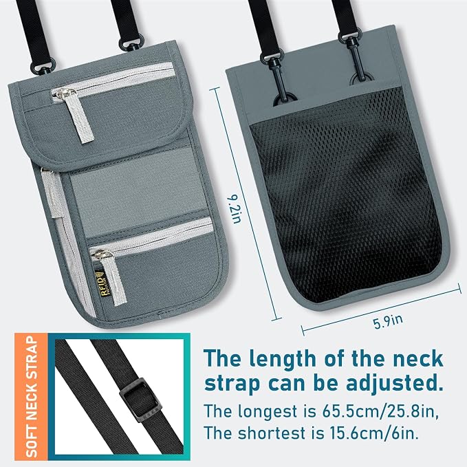 Travel Neck Wallet, RFID Blocking Passport Holder with Adjustable Neck Strap for Men and Women to Keep Cash, Credit Cards and Travel Documents Safe - A