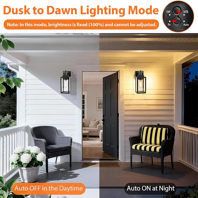 2-Pack Motion Sensor Outdoor Wall Lights, Black with Gold Trim | Auto ON/OFF, 3 Lighting Mode, Waterproof, Rust-Resistant, Durable Metal & Seeded Glass, Easy to Install, Ideal for Front Door