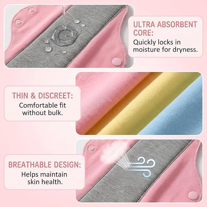 9 PCS Washable Incontinence Pads for Women, Reusable Incontinence Pads for Women, Reusable Panty Liners, Set with 3 Pink, 3 Yellow, 3 Blue, Soft and Absorbent, Comfortable and Discreet