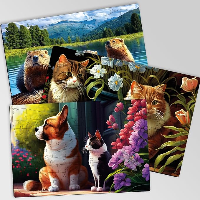 QUOKKA 100 Piece Dementia Activities for Adults - 3 Set Dementia Puzzles for Elderly - Large Piece Gifts Products for Seniors - Alzheimers Jigsaw Puzzle Games for Adults with Beavers, Cats and Dog
