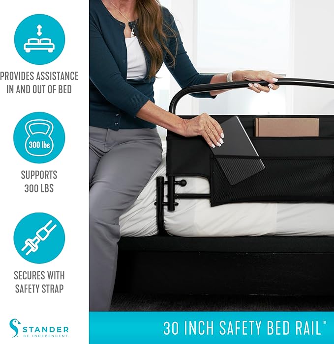 Stander 30inch Safety Bed Rail with Padded Pouch, Folding Guardrail for Adults, Seniors, and Elderly, Bedside Stand Assist Bar, Fits King, Queen, Full, and Twin Beds, ASTM Safety Approved Bedrail