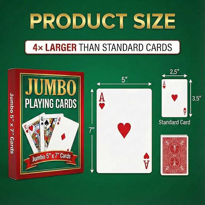 Bedwina Jumbo Playing Cards, Giant Extra Large Print Poker Playing Cards | Casino Theme Poker Party Decorations, Low Vision Gift, Family Game Night, Waterproof, Funny Oversized 5 x 7 Inch Cards 3 Pack