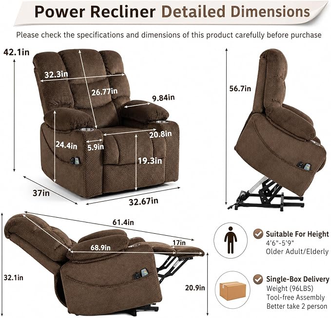 Ultra Wide Power Lift Recliner Chair for Elderly,Rotating Lounge Chair with Hot Massage Heating and Auxiliary Standing Function,Oversized Lazyboy Single Sofa with Cup Holder for Living Room (Brown)
