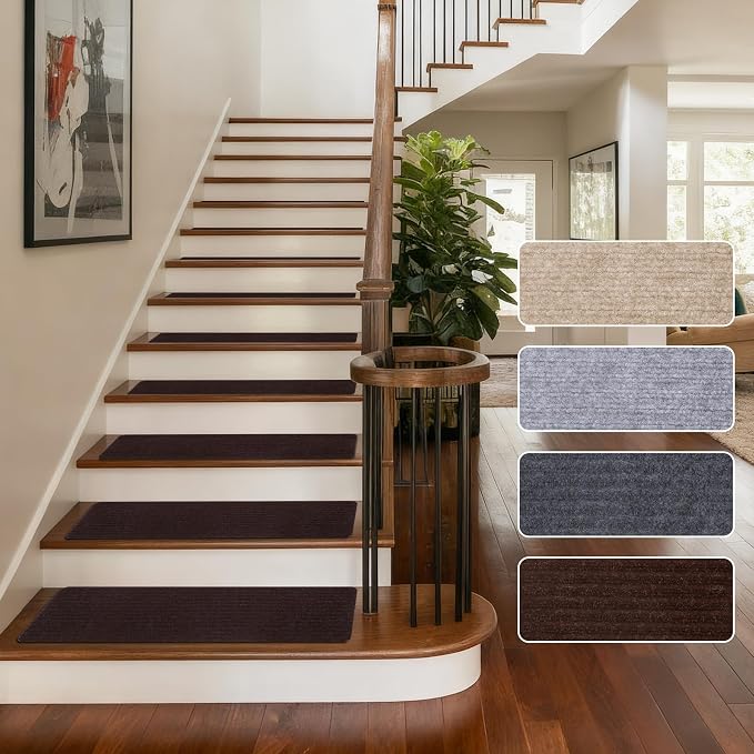 Extra Wide Non Slip Stair Treads for Wooden Steps –15 Pack 9" x36'' Extra Wide Carpet Runners with Reusable Adhesive, Step Pads for Dogs, Kids, Seniors, Machine Washable – Brown