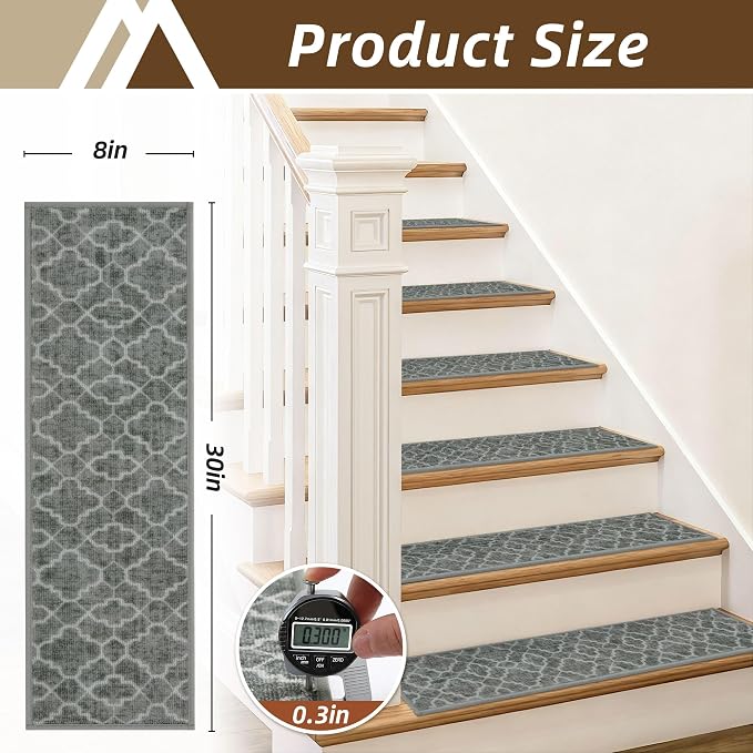 COSY HOMEER Stair Treads for Wooden Steps Indoor with TPE Backing,15Pcs | Non-Slip Carpet Stair Treads, Soft Peel and Stick Stair Runners,Pet-Friendly Stair Runner Washable Reusable,Fern Gray