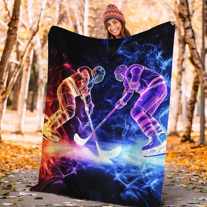 Yibuda Neon Hockey Player Blanket Ice Hockey Flannel Plush Throw Blanket Cozy Sports Fans Decor Fleece Stuff Blanket Gifts for Lover Girls Boys Kids Adults Women Bed Travel 50"x60"