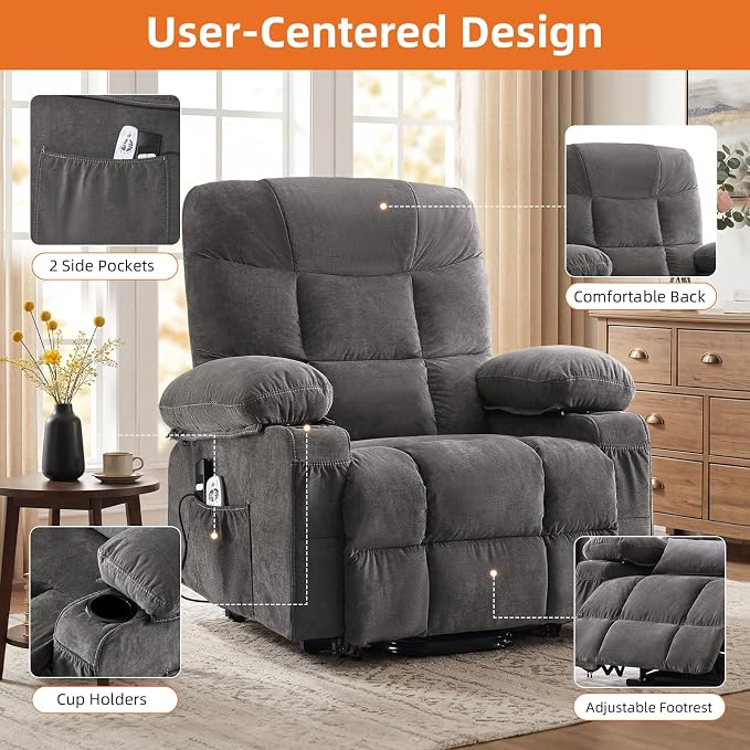 Power Lift Recliner Chair for Elderly with Vibration Massage and Lumbar Heating Electric Recliner Sofa with Cup Holders and USB Charge Port for Living Room Comfort,Pale Grey