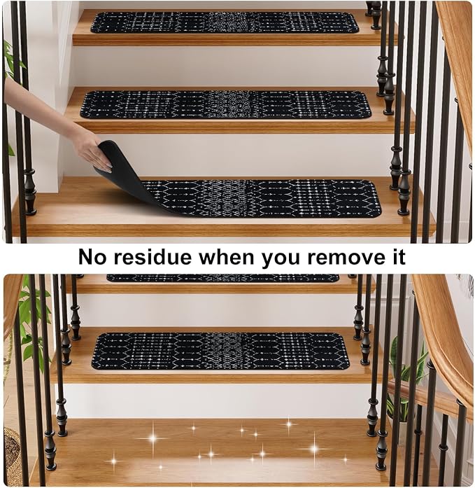 OJIA Stair Treads Non-Slip Stair Runners for Wooden Steps 15PCS 30"x8" | Indoor Carpet Stair Treads Stair Mats Staircase Step Treads for Kids, Elders and Dogs, Stair Covers, Black