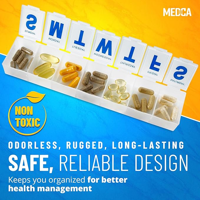 Weekly Pill Organizer - (Pack of 2) Extra Large Vitamin Container with Jumbo Easy to Read Letters, BPA Free - Daily Travel 7 Day Medication Pill Box Case