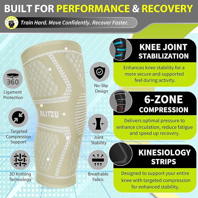 Knee Brace for Meniscus Tear 2 Pack, Knee Compression Sleeve for Men and Women, Knee Support for Arthritis, Swelling, Inflammation, ACL, Pain Relief, Running, Workout, Sports and Recovery Beige L