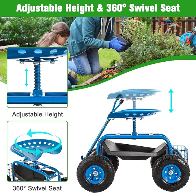 kinbor Rolling Garden Scooter Garden Cart with Tray, 360 Swivel Seat, Blue