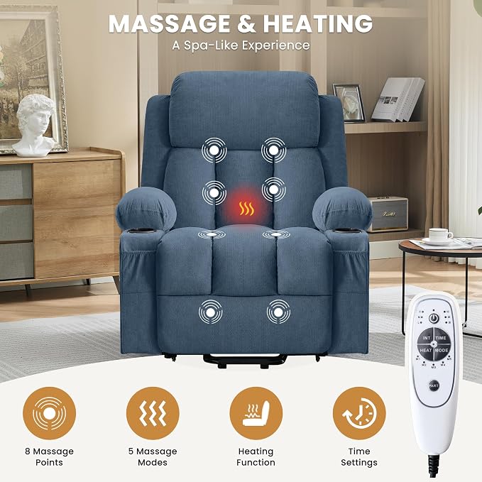 MAHOMICO Power Lift Recliner Chair for Elderly with Vibration Massage and Lumbar Heating Electric Oversized Single Sofa with Cup Holder and USB Charge Port for Living Room