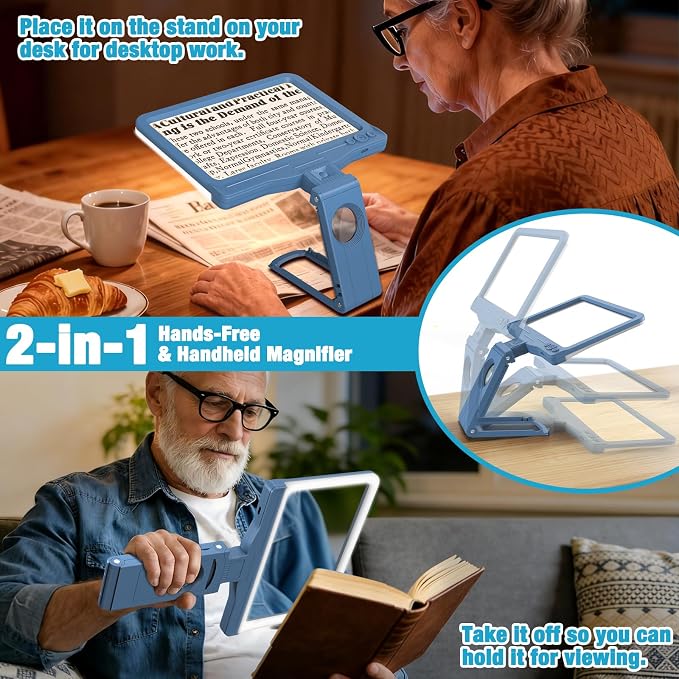 30X 6X Rechargeable Magnifying Glass for Reading, Large Full Page Magnifier with Folding Stand, 3 Color Light Modes, Dimmable LED Lighted, Hands Free Book Magnifier for Low Vision Seniors, Blue