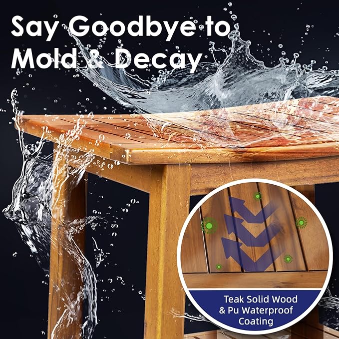 Teak Shower Bench, 20" Solid Wood Shower Stool Waterproof Shower Seat with Storage Shelf for Bathroom, Indoor & Outdoor Use