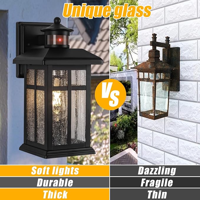 Motion Sensor Outdoor Wall Lights 2 Packs Dusk to Dawn Outdoor Lighting | Hardwired Exterior Light Sconces with E26 Sockets & Tempered Glass, Wall Mounted Black Waterproof Outdoor Lights for House
