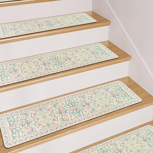 OJIA Pink Floral Stair Treads for Wooden Steps 15PCS 8"x30" Stair Runner | Non-Slip Stair Runners Rubber Carpet Treads for Wood Stairs Indoor Staircase Step Treads for Kids & Dogs, Stair Covers, Green