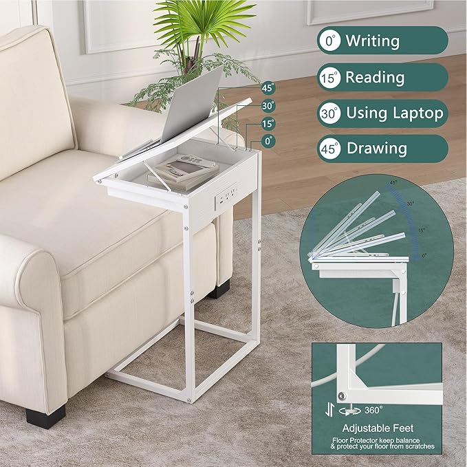 sthmec C Shaped End Table with Charging Station,45° Tiltable Adjustable Flip Top Side Table Set of 2,Small C Table Set 2 for Small Spaces,Slide Under Couch Sofa Bedside Table Living Room,White
