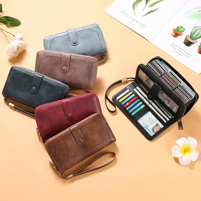 GAEKEAO Leather Credit Card Holder Wallet for Women RFID Blocking Large Capacity Bifold Zipper Card Case Organizer with Wristlet 45 Slots
