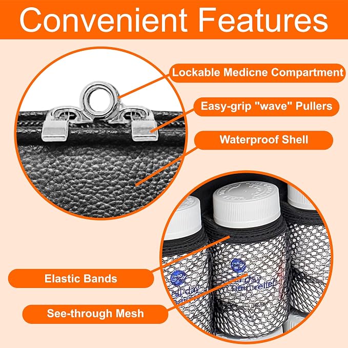 Medium 2-in-1 Pill Bottle Organizer, Crossbody Purse | Prescription bottle organizer with shoulder strap holds 8 pill bottles plus phone, wallet, keys, Black