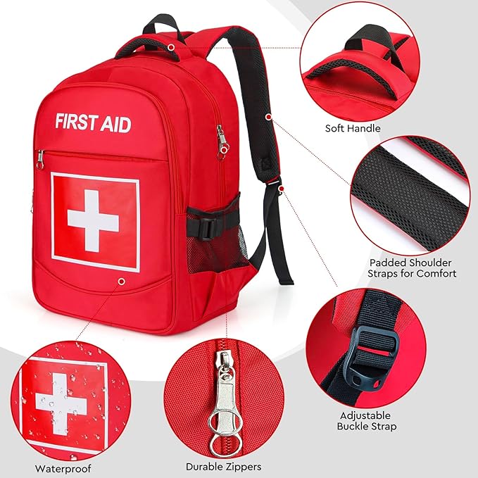 E-HORDE First Aid Backpack with Multi-Pocket, Emergency Medical Backpack, Large Capacity & Water-proof, Empty First Aid Bag for Home Office EMT Paramedics, Red