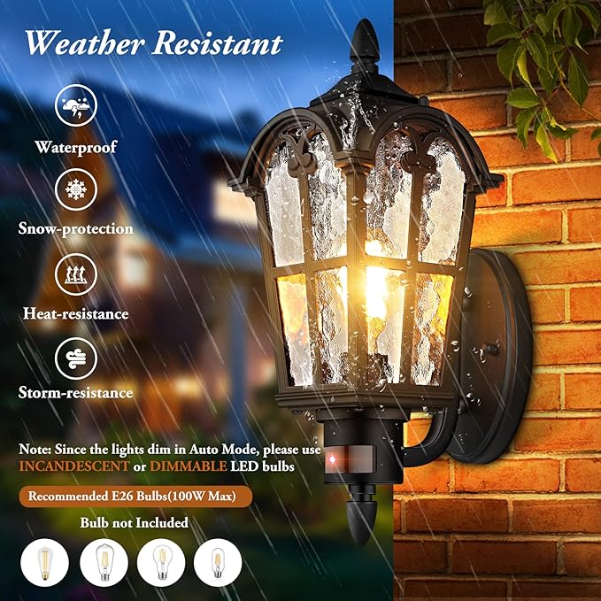 2-Pack 16” Large Motion Sensor Outdoor Wall Lights, Black | Auto ON/OFF, 3 Lighting Modes, Waterproof, Rust-Resistant, Durable Metal & Water Ripple Glass, Vintage Style, Easy to Install