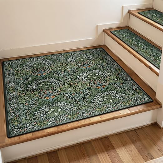 Stair Treads Landing Mat Non-Slip Stair Runner for Wooden Steps 31"x31" | Green Stair Rug Matching Mat Carpet Stair Treads Stair Mats Staircase Step Treads for Kids, Elders and Dogs Stair Covers