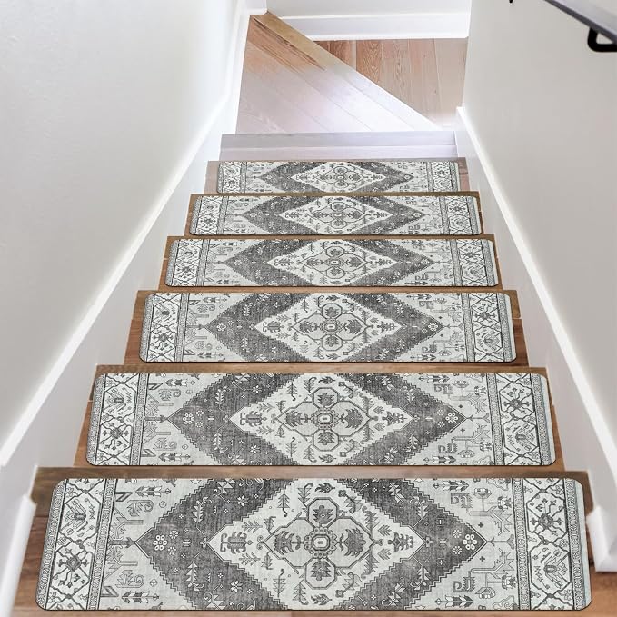 OJIA Extra Non-Slip Stair Treads for Wooden Steps Indoor 15PC Stair Runners | 30"X8" Slip Resistant Stair Rugs Safety Mats for Dogs, Kids & Elders, Rubber Backed Stair Treads Stair Covers, Gray