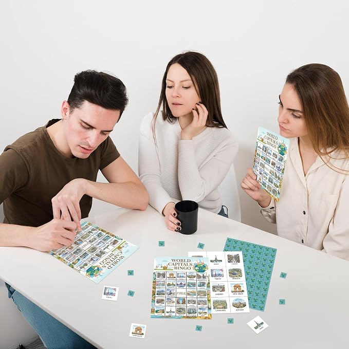 World Travel Bingo Game Cards, World Capitals Bingo Set For Adults Large Group, City Themed Fun Games, Icebreaker Games for Indoor Outdoor Activities, Travel Lover Gifts For Family Friends, 15