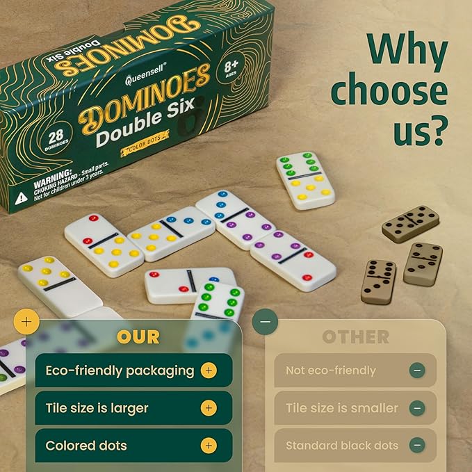 Queensell Large Tiles Dominos Set for Adults and Kids with Colored Dots - Double 6 Dominoes Set is a Classic Board Games for Kids and Adults - Double Six Standard Dominos Set 28 Tiles