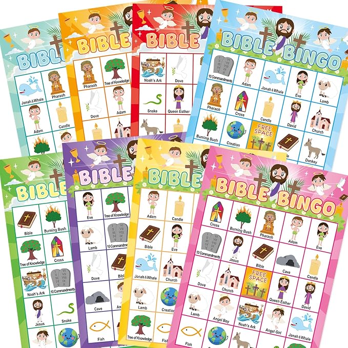 WorldBazaar Bible Bingo Game for Kids 24 Players Jesus Christian Bingo Game Cards Vacation Bible Sunday School Church Family Open Day Classroom Supplies