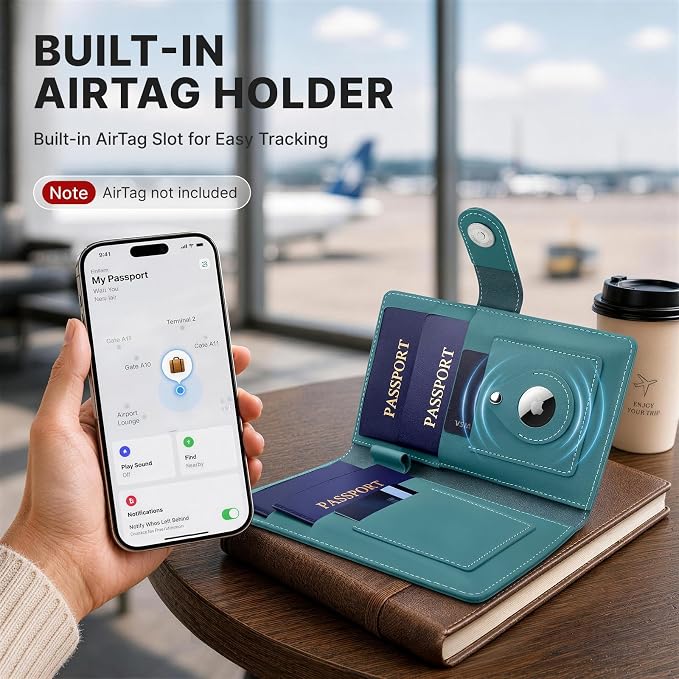 ALLIVE Family Passport Holder for Women & Men, RFID Blocking Passport Wallet with AirTag Slot, Genuine Leather Passport Cover Family Travel Gift & Airport Essentials (Lake Blue)