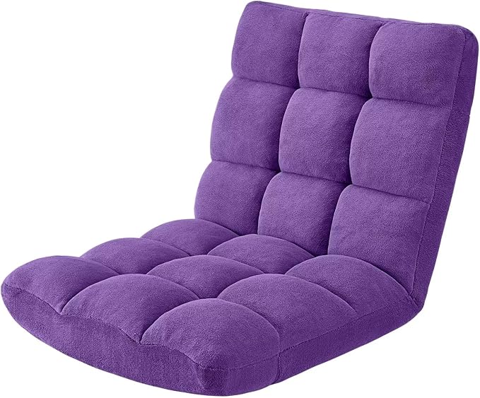 Folding Floor Gaming Chair, Adjustable 14-Position Backrest, 6-Inch Thick Flannel and Skin-Friendly Cotton Sponge, Breathable, Ideal for Gaming, Meditating, Sleeping, Purple
