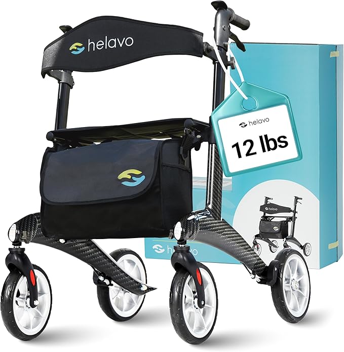 Helavo Carbon Ultralight Rollator Walker, 4 Wheel Walker with Seat and Brakes, 300 lbs Capacity, Lightweight (12.3 lbs), 8" Wheels, Height Adjustable Folding Rollator, Black