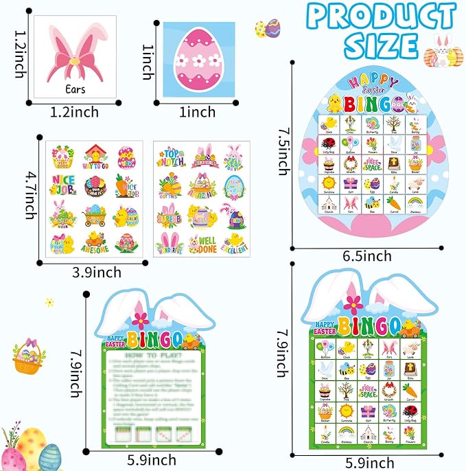 Lonfliness 39Pcs Easter Bingo Game for Adults Kids 24 Players Easter Bunny Egg Shape Bingo Game Cards with Reward Stickers for Family Friends Large Group Activities Happy Easter Spring Party Favors