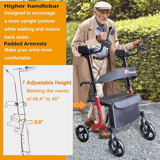 Aliseniors Upright Walker, Stand Up Rollator Walker with Seat, Foldable 4 Wheel Rolling Walker, Medical Aluminum Walkers for Seniors, Adjustable Padded Armrests, 8" Wheels, Supports 300lbs, Red