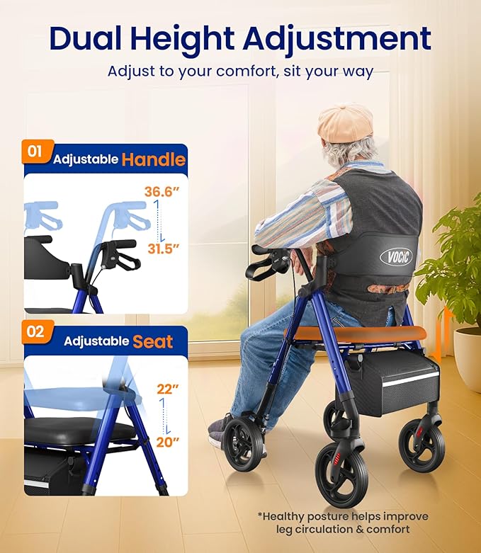 VOCIC Walkers for Seniors, Z21 Rollator Walker with Seat Supports 350lb, 8" Big Wheels for All Terrain, Ergonomic Arc Seat & 6" Ultra Backrest Foldable Walker, Dual Height Adjustment, Lightweight 2025