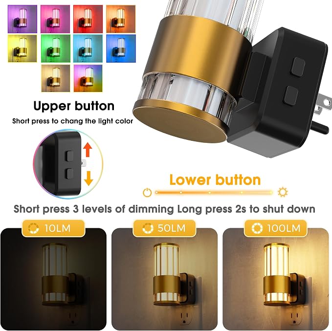 L LOHAS LED Night Light, Night Lights Plug into Wall, 2 Pack 10-Color RGB | Change Nightlights, 10/50/100LM Adjustable Automatic Nightlights Plug in with Dusk to Dawn Sensor for Room Bathroom Hallway