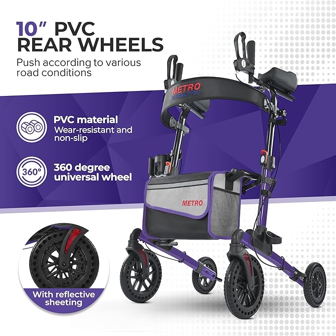 Metro Mobility Rollator Walker with Seat for Seniors, Foldable Lightweight Rolling Walker, 10" Big Front Shock-Absorbing Honeycomb Wheels for All Terrain, 300 lb. Weight Capacity, Purple
