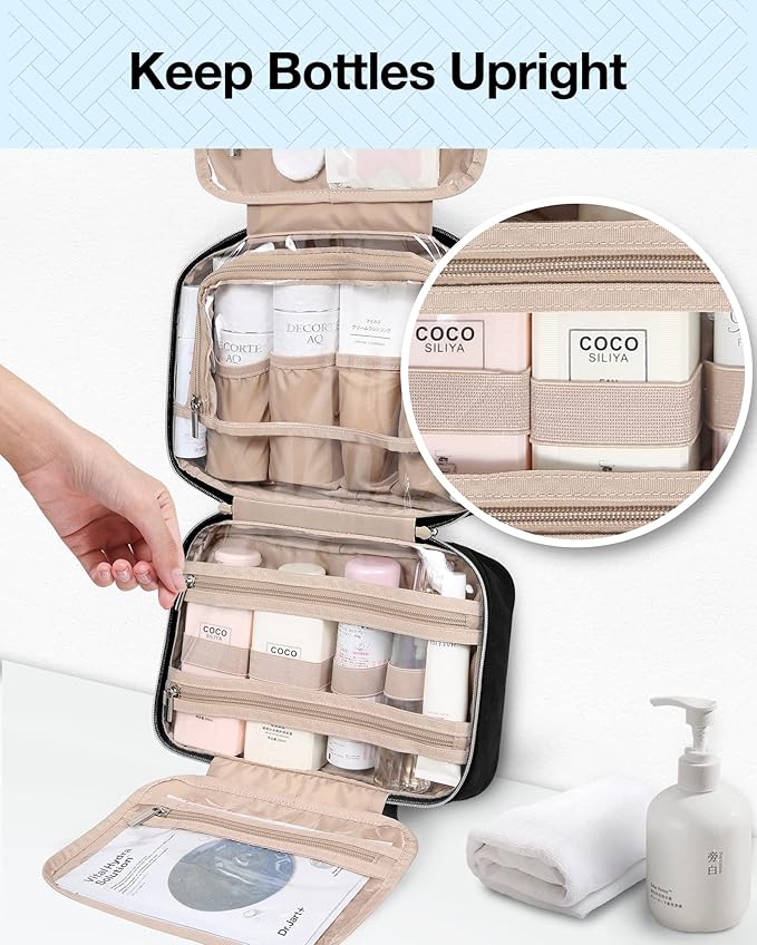 BAGSMART Toiletry Bag Hanging Travel Makeup Organizer with TSA Approved Transparent Cosmetic Bag Makeup Bag for Full Sized Toiletries, Medium-Black