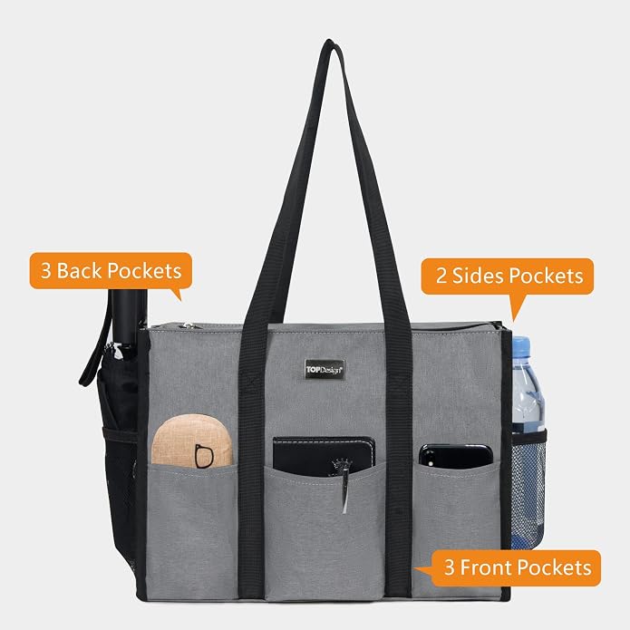 TOPDesign Utility Water Resistant Tote Bag with 13 Pockets, Top Zipper Closure & Thick Bottom Support, for Working Women