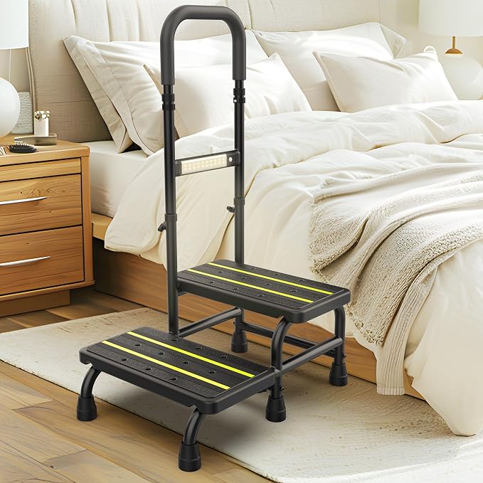 [2026 Upgrade] 2 Step Stool with Handle for Elderly with Sensor Night Light,Medical Heavy Duty Step Stool with Adjustable Handrail, Bedside Steps for People with Mobility Impairments,350lbs